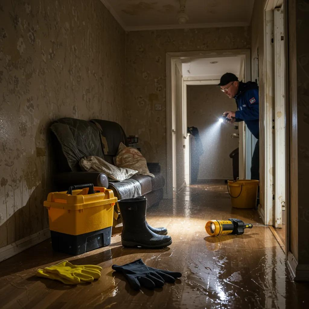 Interior view of a flooded home with water damage, featuring safety equipment like yellow gloves, a flashlight, and a toolbox, while a person assesses the situation.