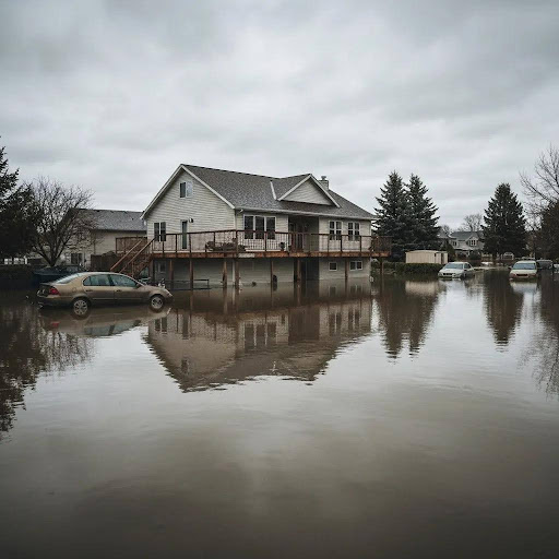 Flooded residential property with submerged vehicles, showcasing the impact of flood damage on market value and property condition.