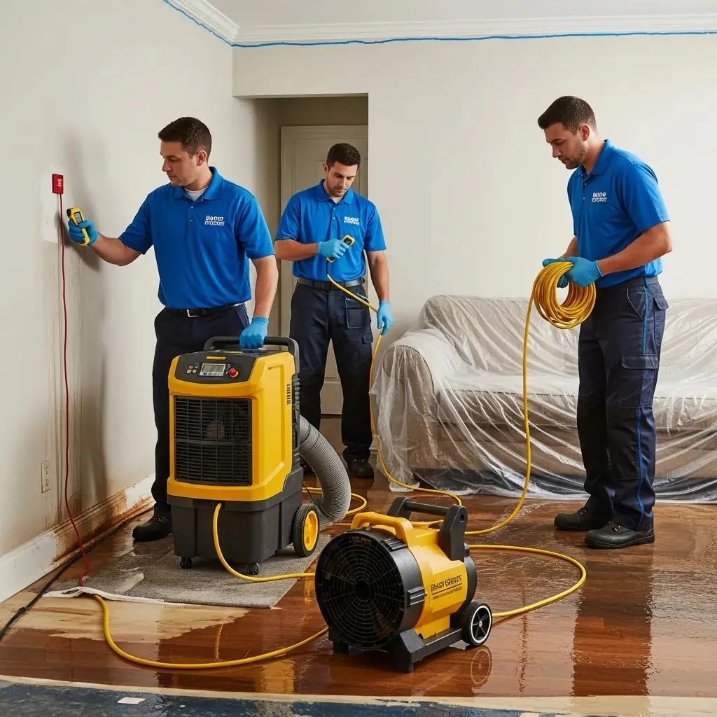 Three flood restoration technicians in blue uniforms using equipment for water damage repair, including a water extraction machine and drying fan, in a partially flooded room with a covered sofa.