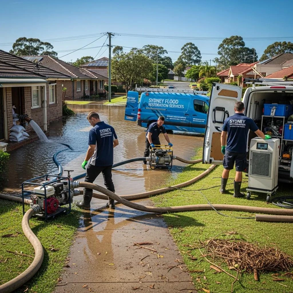 Technicians from Sydney Flood Restoration Services using pumps and hoses to extract water from a flooded residential area, with a service van visible in the background.