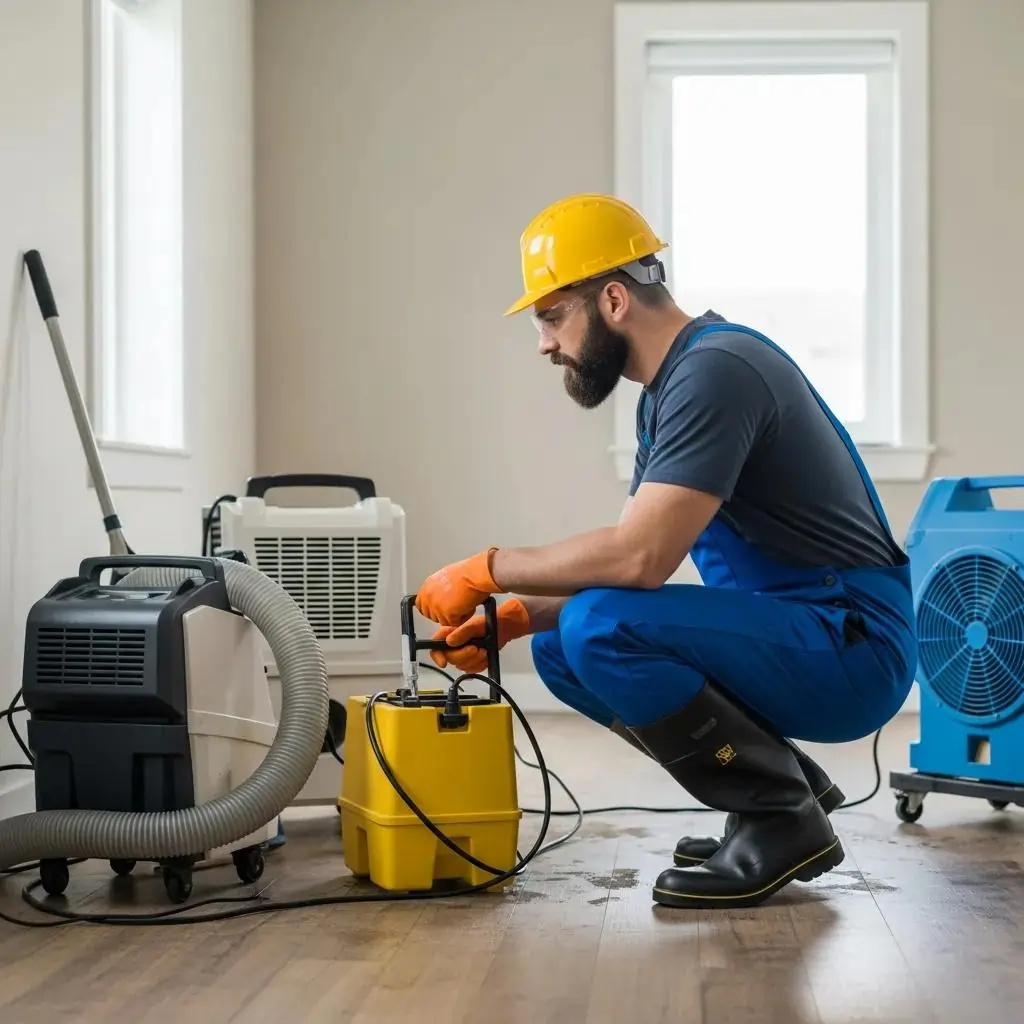Professional flood repair technician using water extraction equipment in a residential setting, highlighting affordable flood damage restoration services in Sydney.